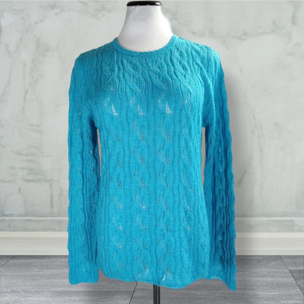 MFH Knits Blue Alpaca Lightweight Sweater Size L Cable Knit Made in Peru